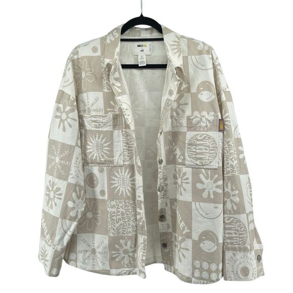 Smiley x H&M Unisex Oversized Tan Beige Graphic Denim Jacket Size Small - Picture 14 of 14